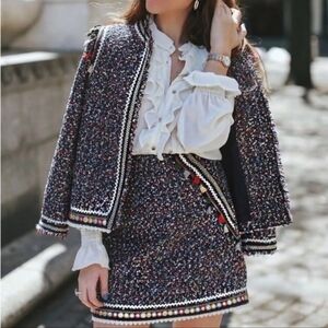 Zara woman 2 piece lined embellished jacket skirt set suit S blogger fav